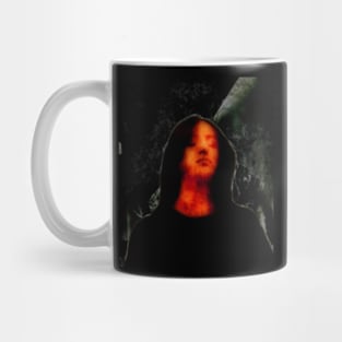 Beautiful girl, with closed eyes. Dark but beautiful. Green, red and orange. Mug